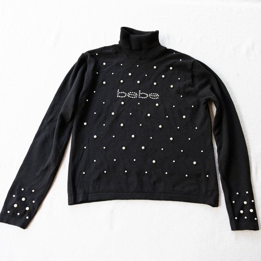 Vintage Y2K Bebe Black Pearl Embellished Logo Turtleneck Sweater